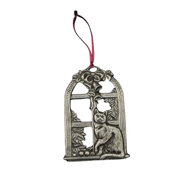 Cat & Window Pewter Ornament With Red Ribbon Hanger - Picture 1 of 5